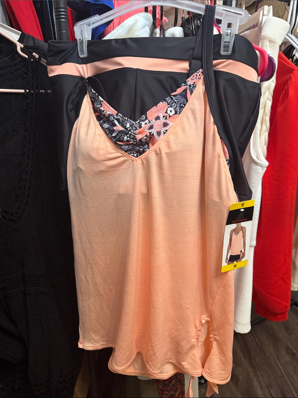 Peach Floral-Trim Women's Swim Tankini Top